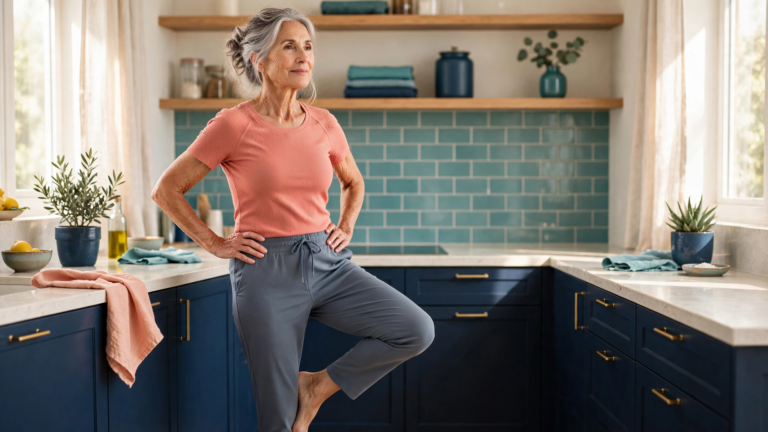 Older adult safely practising a one-leg balance exercise