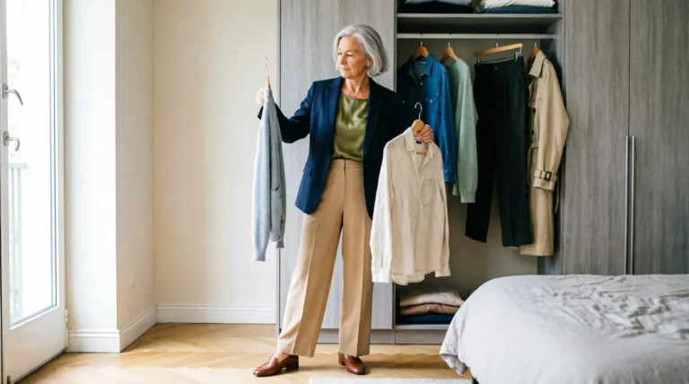 Woman looking through clothes in her wardrobe while choosing an outfit.