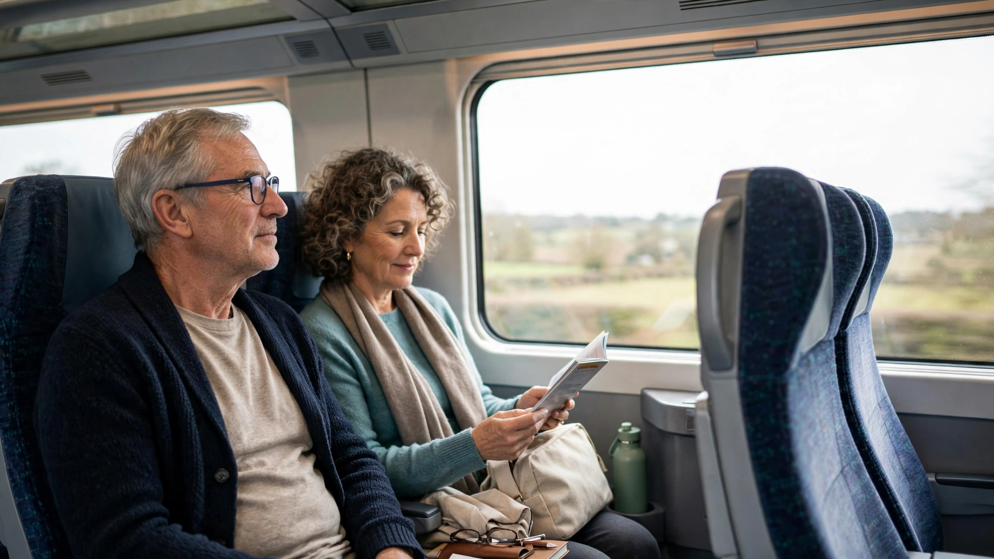Older couple relaxing comfortably during a train journey