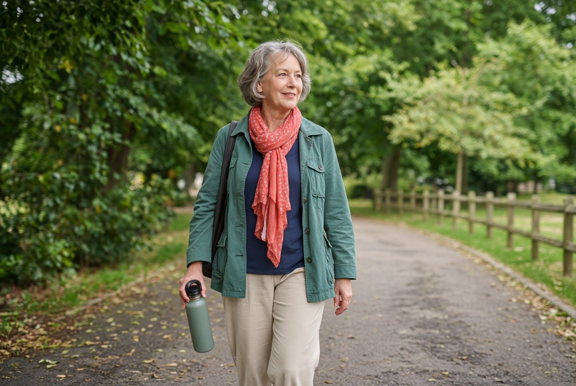 A woman taking an unhurried morning walk through a leafy park