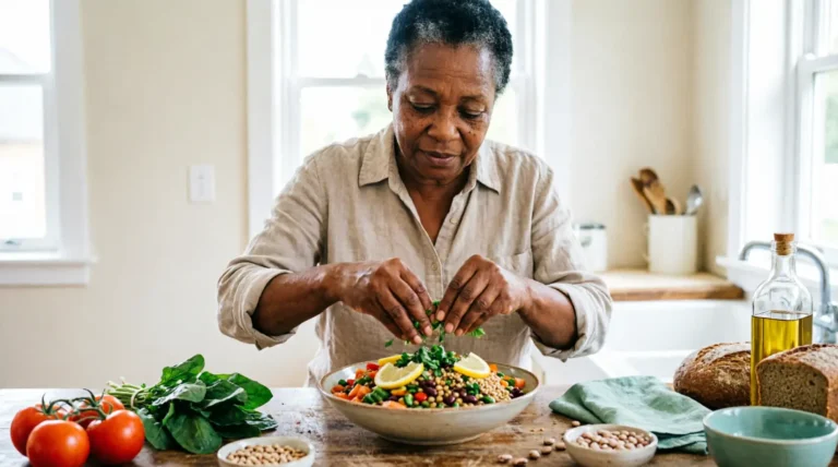 An older woman preparing a colourful meal with vegetables, beans, whole grains and fresh herbs.