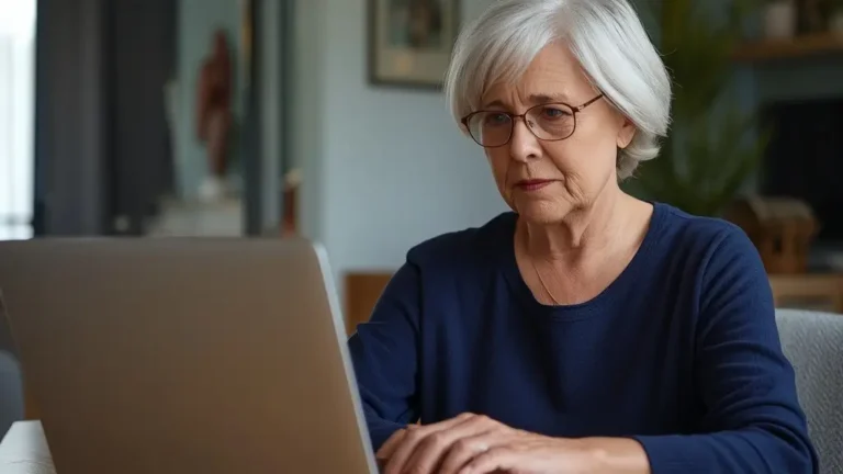 Woman carefully checking an unexpected message on her laptop