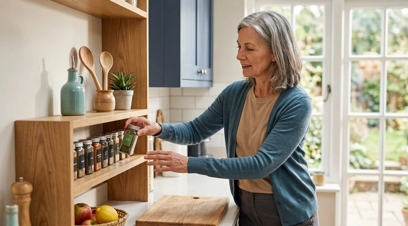 Woman arranging everyday items on an accessible kitchen shelf