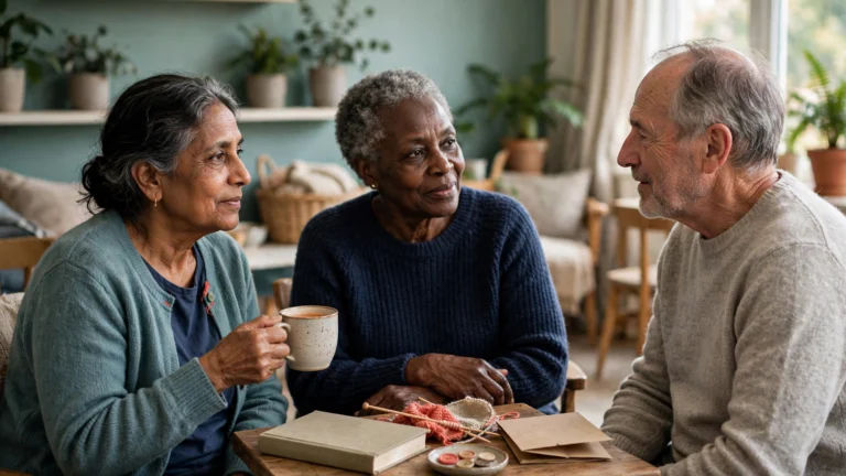Three friends enjoying a relaxed conversation at a community café