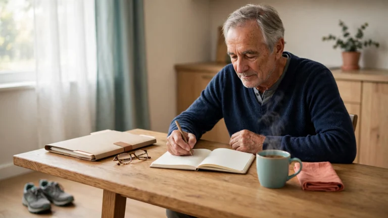A retired man calmly planning his week at a kitchen table beside a pair of walking shoes.