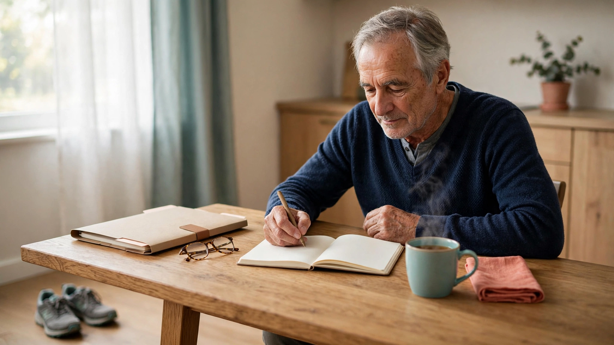 A retired man calmly planning his week at a kitchen table beside a pair of walking shoes.