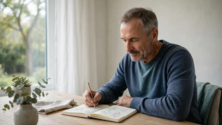 Man sketching in a notebook beside a window