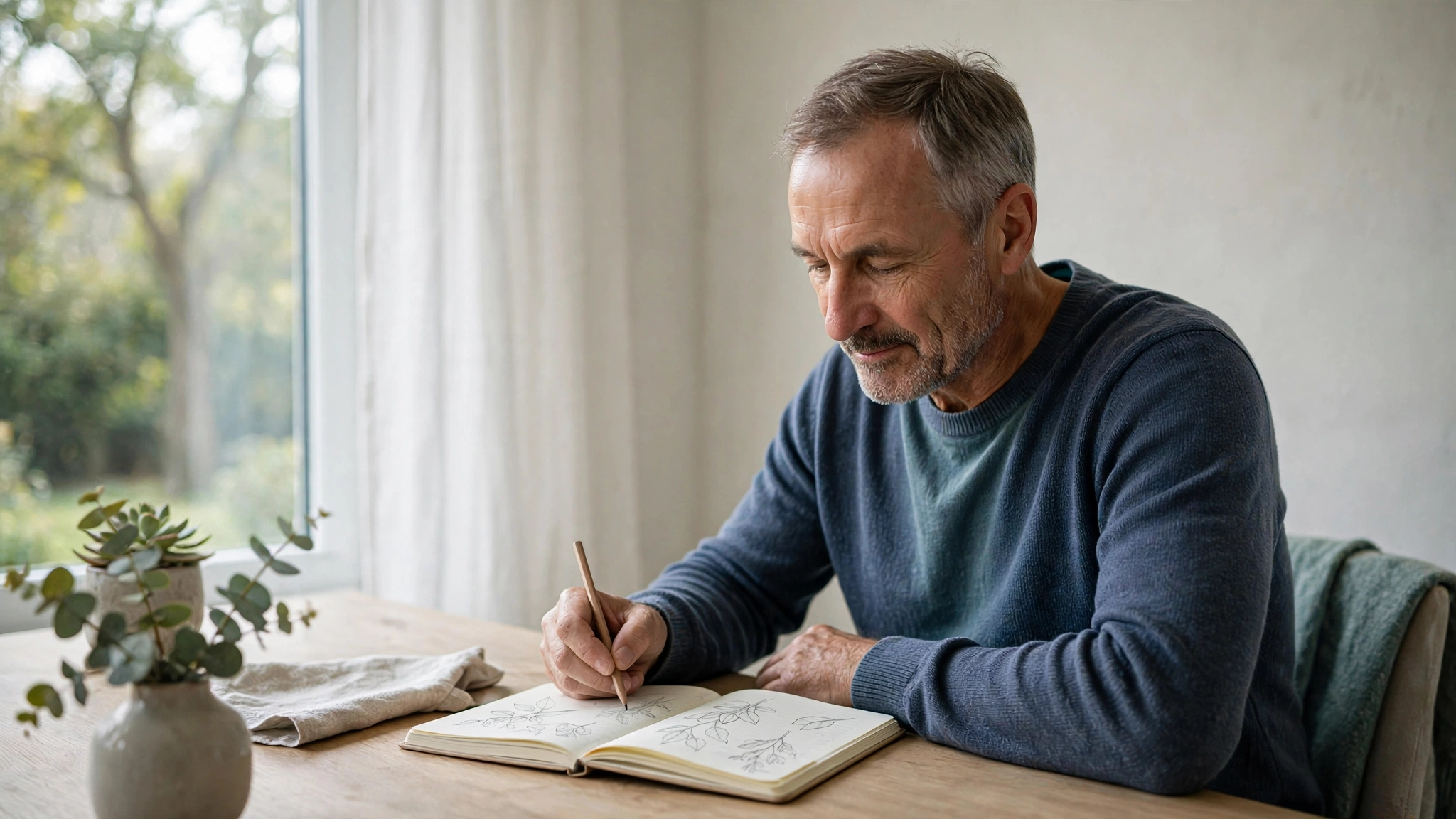 Man sketching in a notebook beside a window