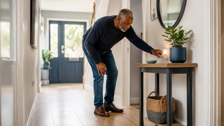 Older man checking a hallway night light to help make his home safer