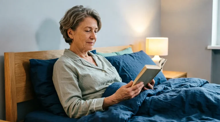 Woman reading calmly in bed before going to sleep