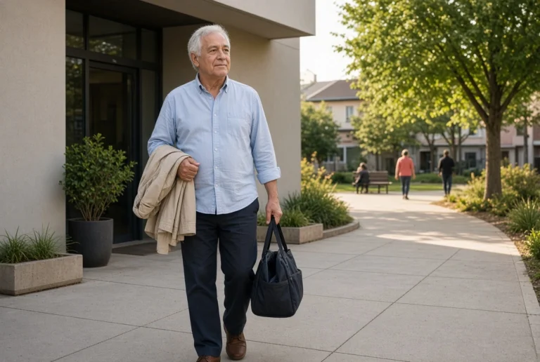 An older man leaving a workplace and walking towards a lively public park at the start of retirement.