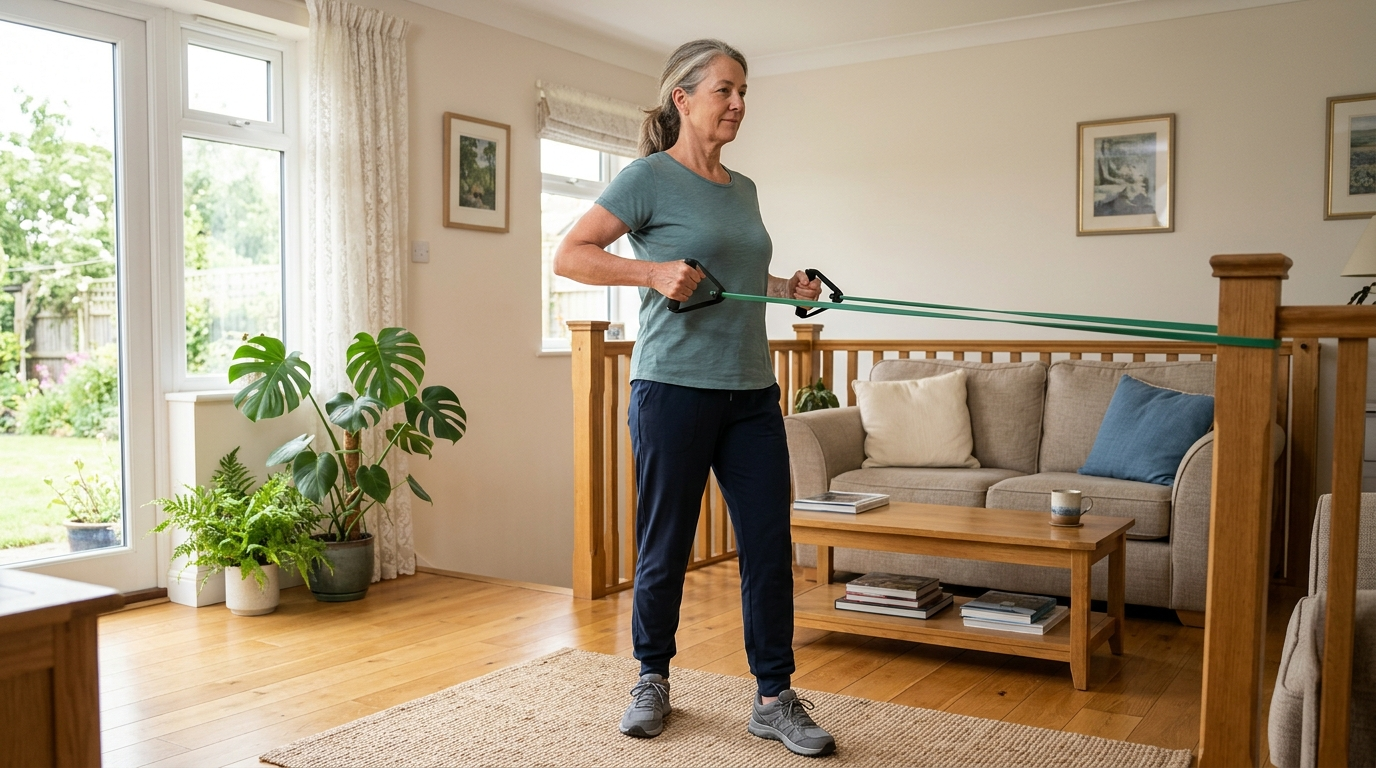 Woman in her sixties doing a simple resistance-band strength exercise at home.