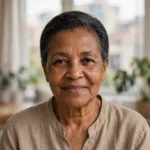 Portrait of Nomzamo Khumalo, WellAheadLife nutrition contributor, with short greying-black hair and a calm smile.