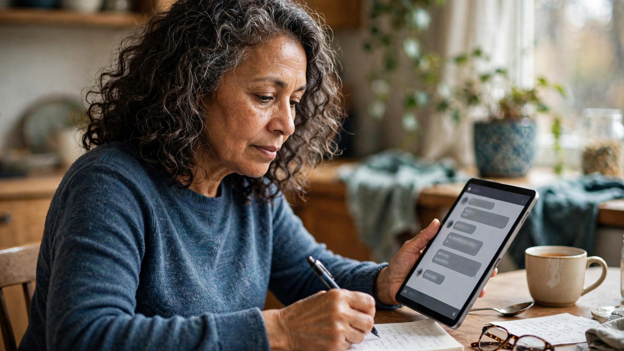 Woman in her early sixties using an AI chatbot on a tablet while making notes at home.