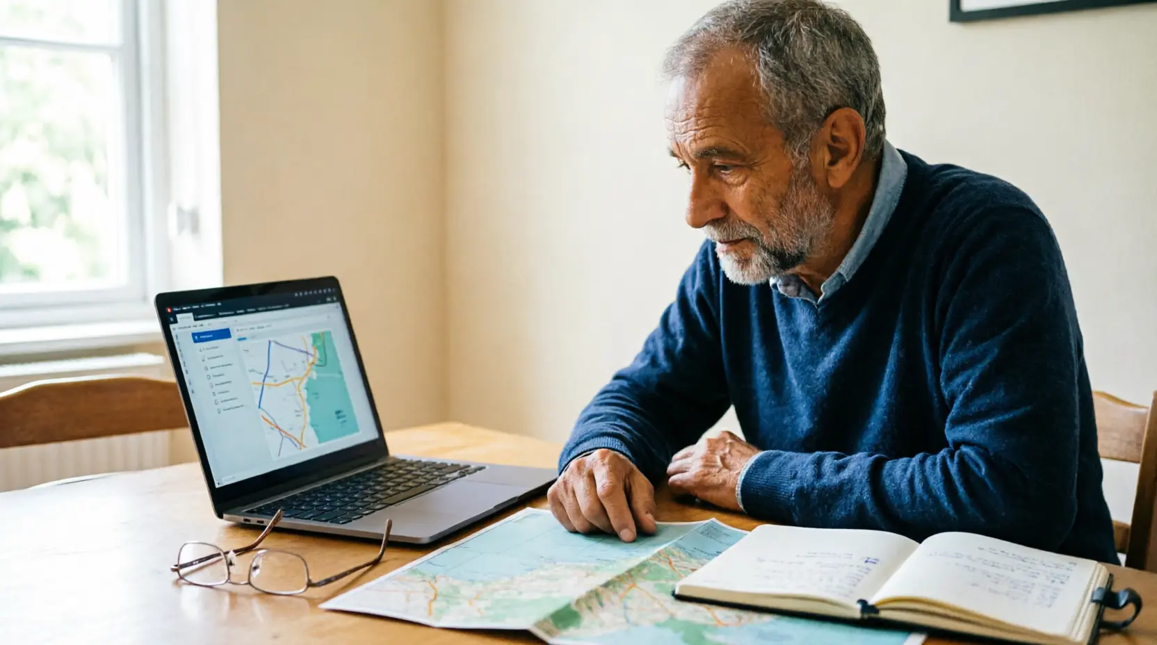 Older man planning a trip with a laptop, notebook and printed map at a dining table.